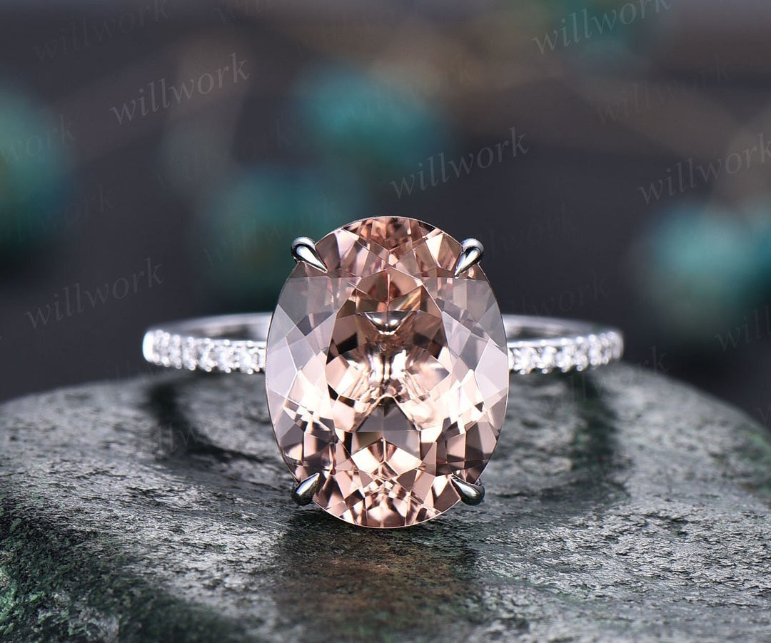 Morganite ring vintage oval cut pink morganite engagement ring 14k white gold half eternity diamond ring promise wedding ring women jewelry