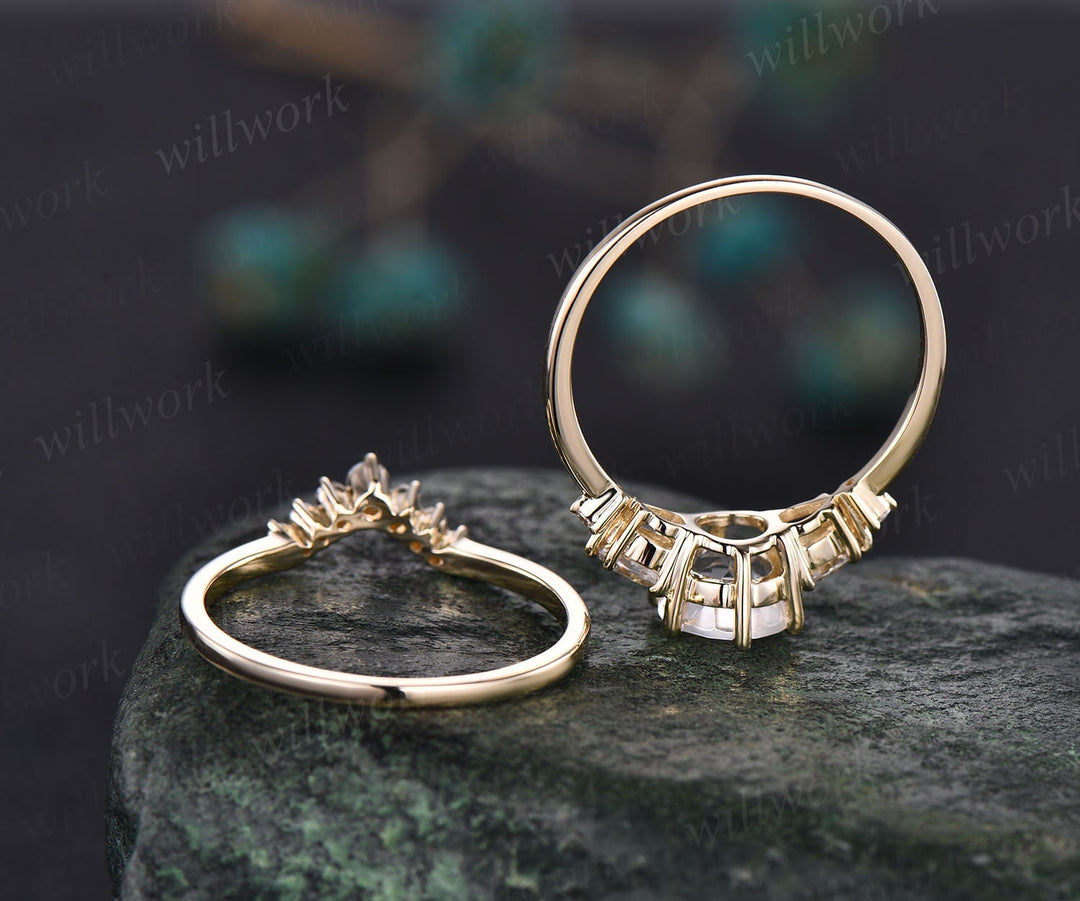 Moonstone ring set gold vintage round cut moonstone engagement ring five stone pear shaped moissanite stacking bridal wedding ring set gift