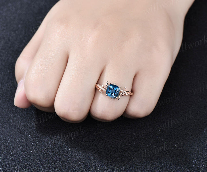 Twig cushion cut London blue topaz engagement ring rose gold leaf nature inspired engagement ring solitaire promise wedding ring women gift