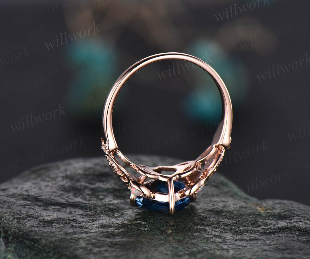 Cushion cut London blue topaz engagement ring 14k rose gold butterfly flower unique engagement ring opal diamond ring for women wedding ring