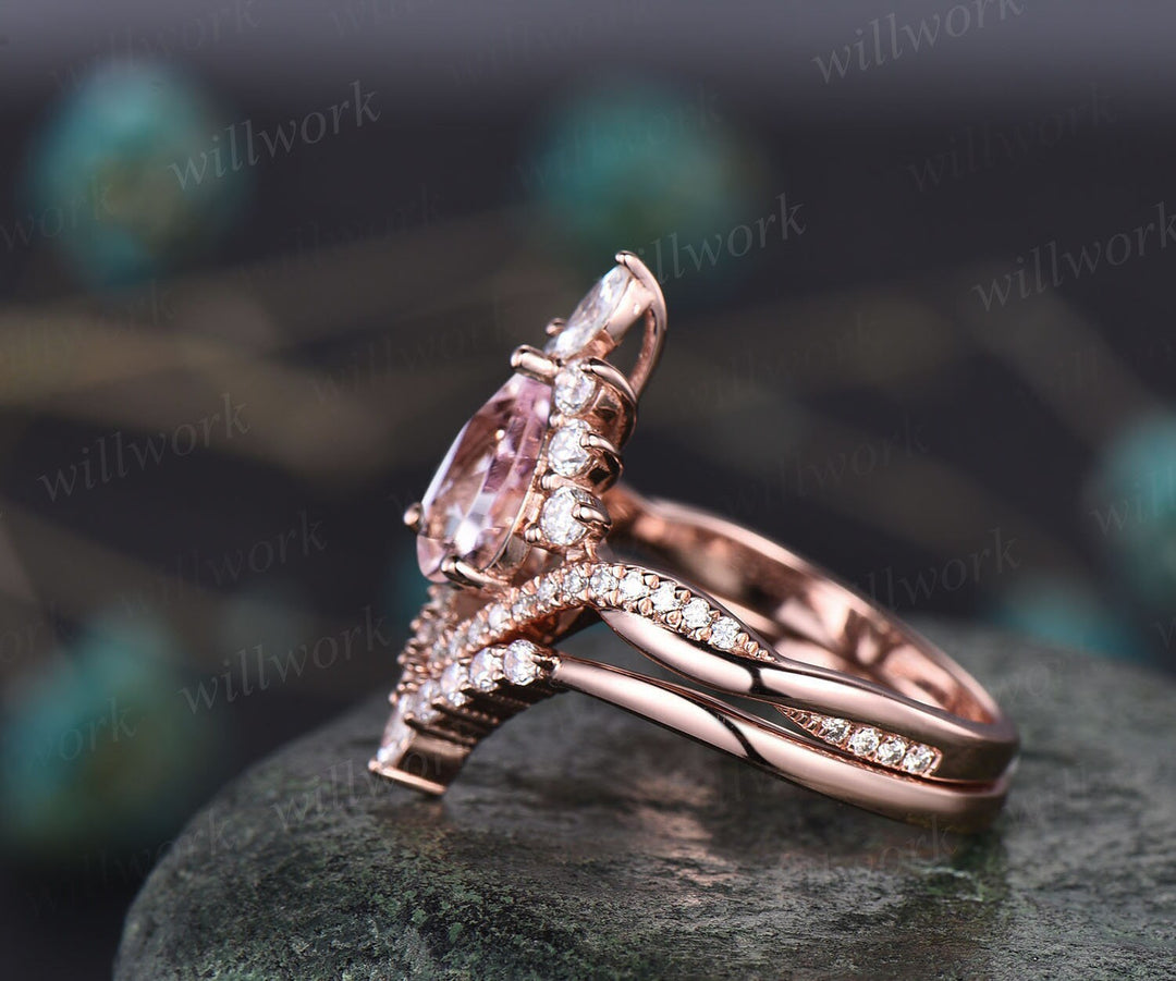 3Pcs 1.75 Carat 10k Rose Gold Morganite Engagement Ring Set