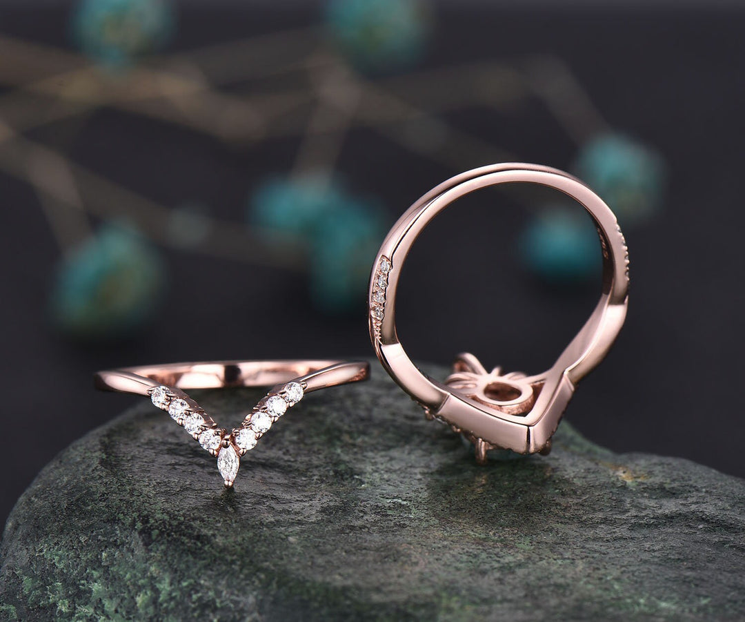 Moissanite ring set vintage rose gold pear shaped moissanite engagement ring set halo unique engagement ring twisted wedding ring women gift