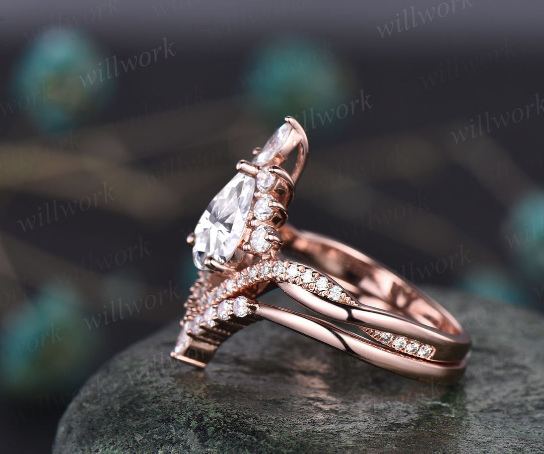 Moissanite ring set vintage rose gold pear shaped moissanite engagement ring set halo unique engagement ring twisted wedding ring women gift