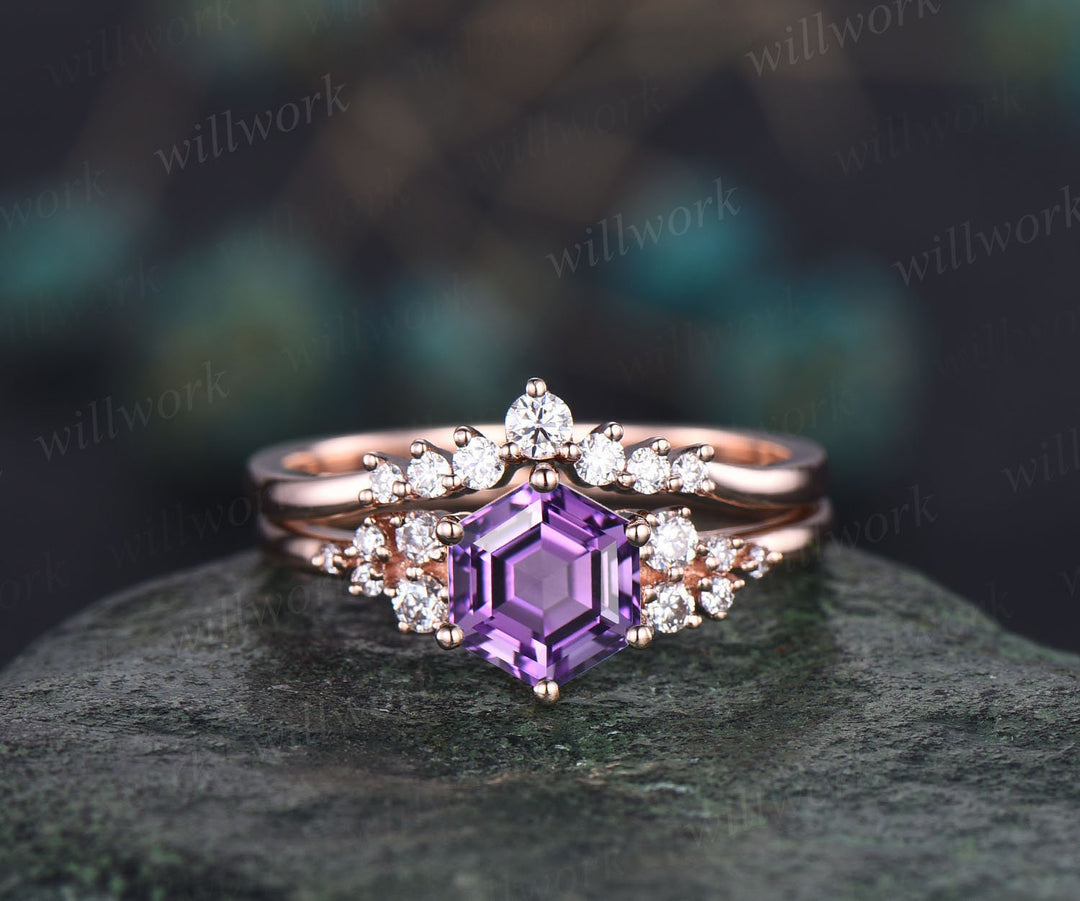 Amethyst ring vintage Hexagon cut purple Amethyst engagement ring set rose gold unique snowdrift engagement ring diamond wedding ring set