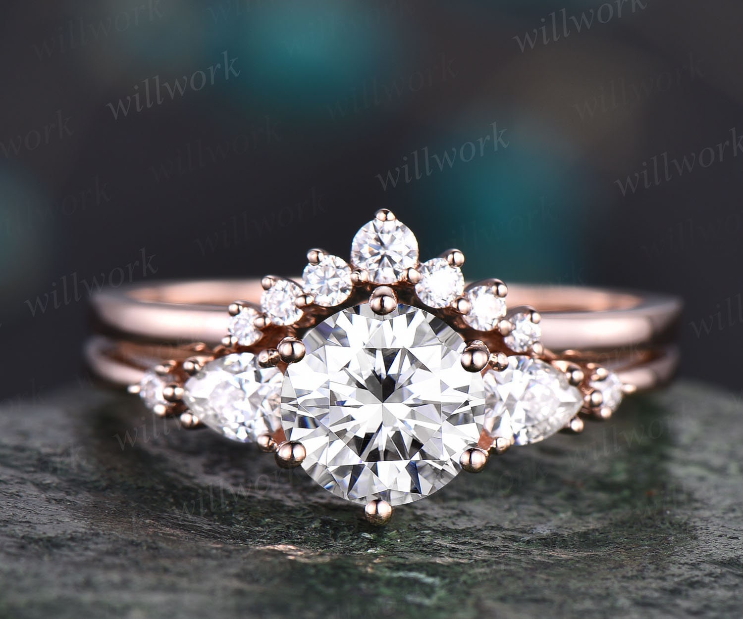 Round cut moissanite ring vintage moissanite engagement ring set five stone  rose gold unique engagement ring promise bridal wedding ring set