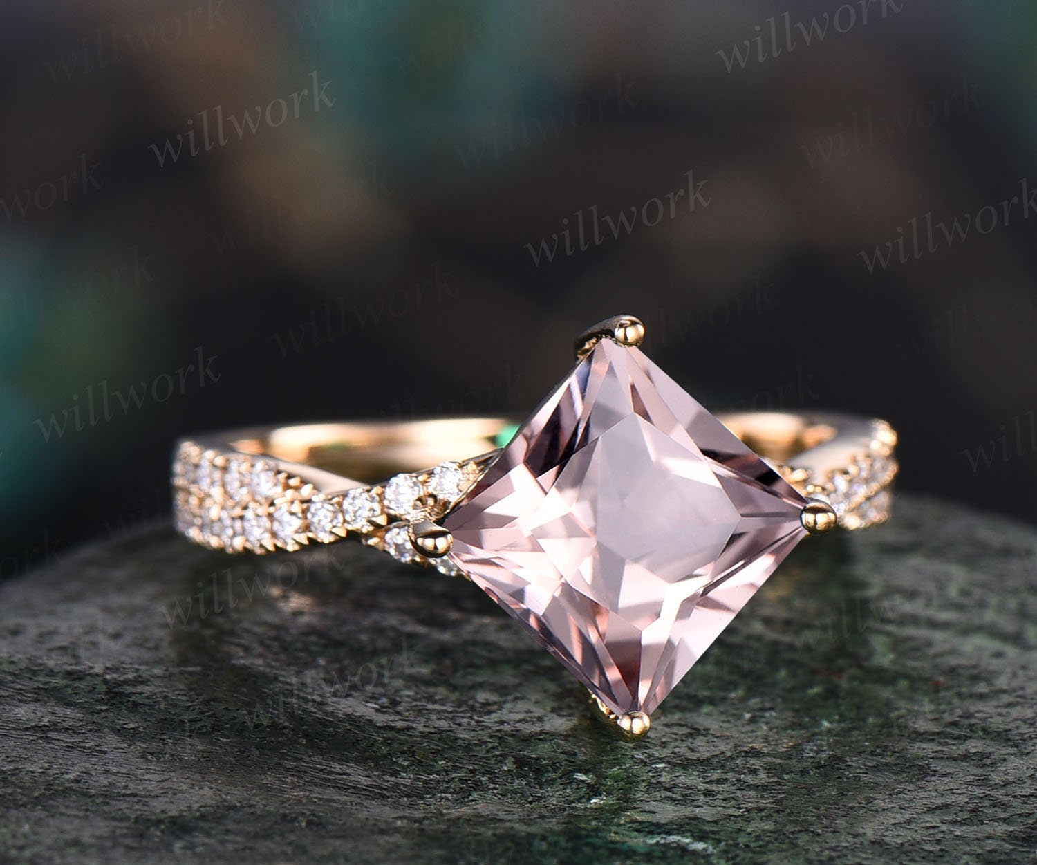 Cushion Morganite Solitaire Engagement Ring 18k Yellow Gold - The Emily  11x9mm