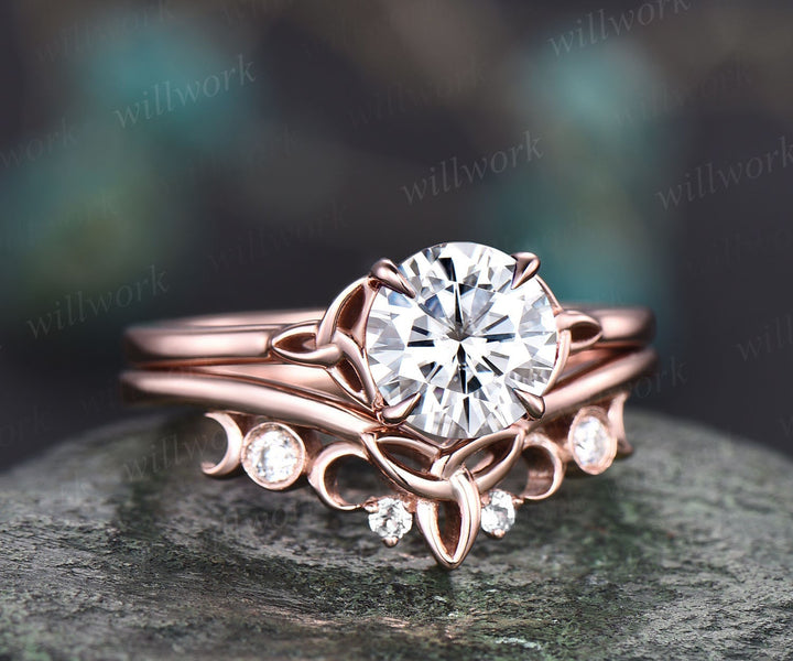 Round cut moissanite ring vintage moissanite engagement ring set rose gold silver unique solitaire engagement ring Norse Viking ring Jewelry
