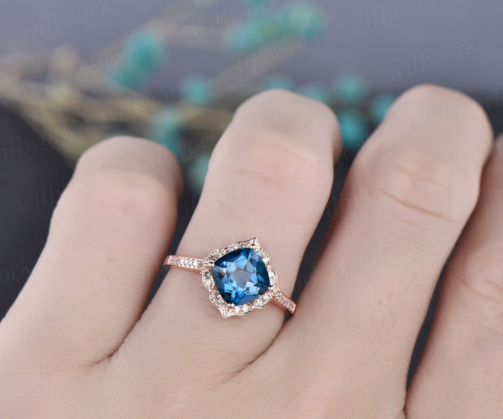 Cushion cut London blue topaz ring vintage London blue topaz engagement ring rose gold flower halo engagement ring diamond anniversary ring