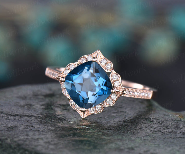 Cushion cut London blue topaz ring vintage London blue topaz engagement ring rose gold flower halo engagement ring diamond anniversary ring