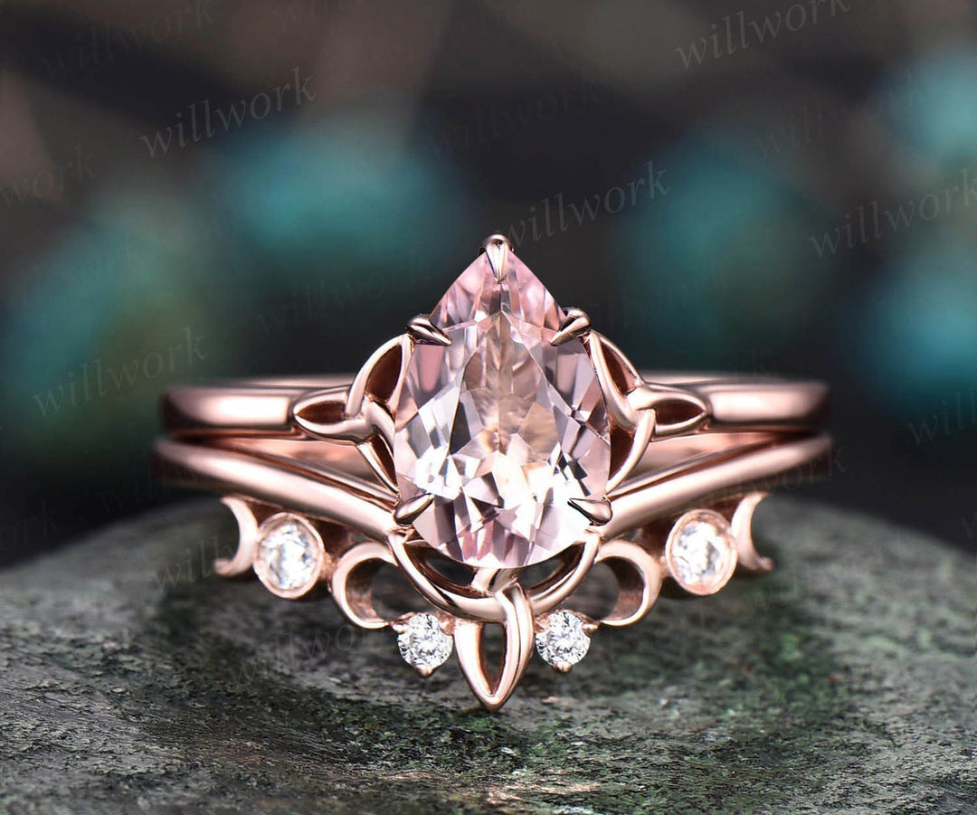 Pink morganite ring Pear shaped morganite engagement ring set vintage rose gold unique Solitaire engagement matching wedding ring set women