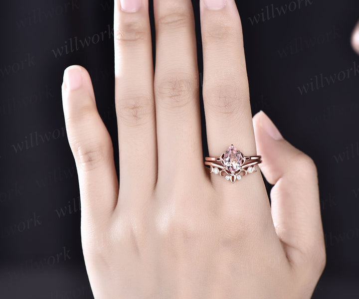 Pink morganite ring Pear shaped morganite engagement ring set vintage rose gold unique Solitaire engagement matching wedding ring set women