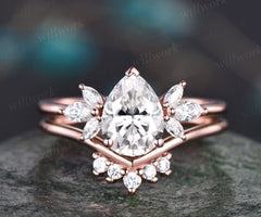 Moissanite ring set Pear shaped Moissanite engagement ring set art deco cluster unique rose gold engagement ring women bridal promise ring