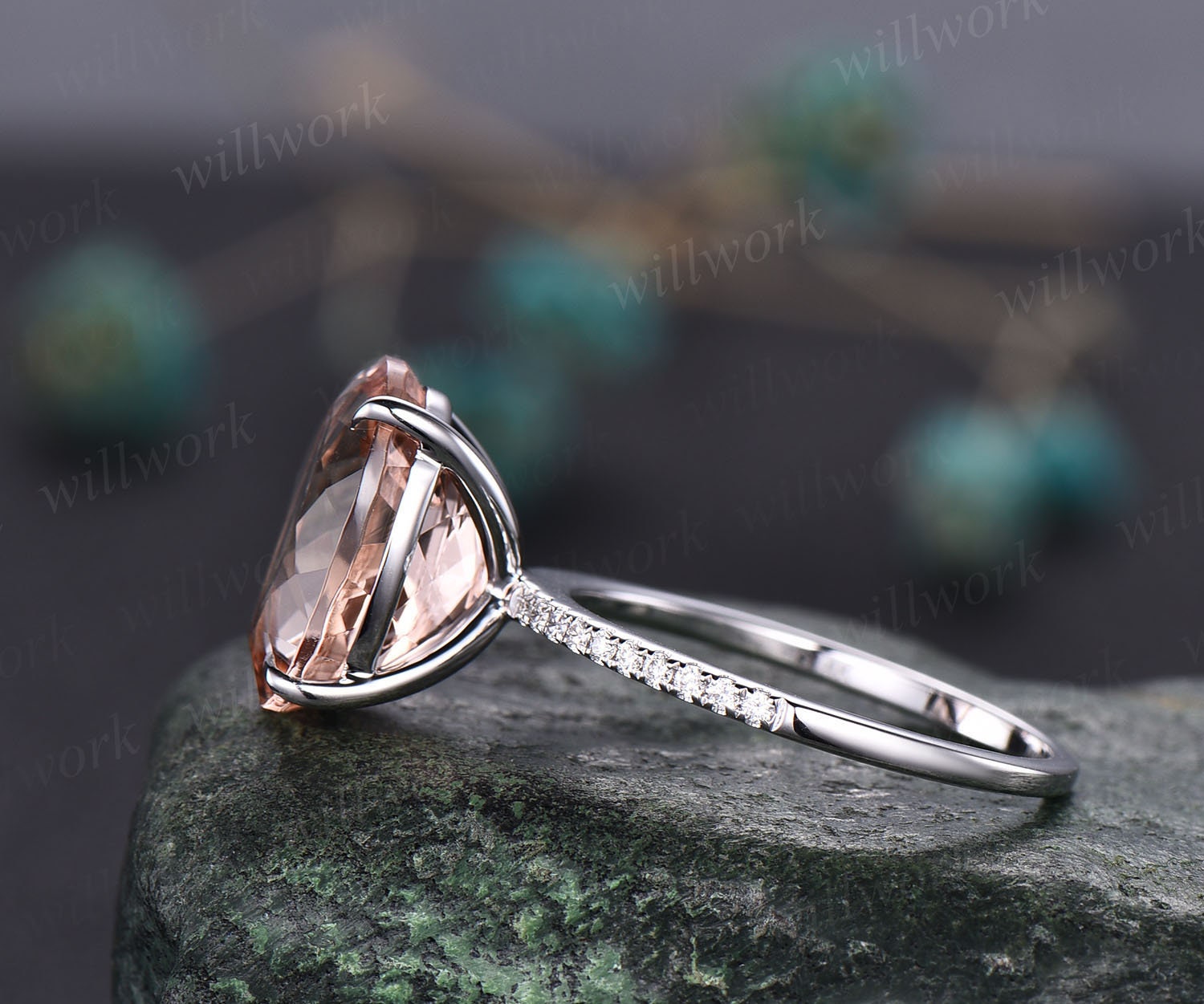 Art Deco Morganite Ring Sterling Silver Oval fashion Morganite Engagement Ring Unique Twig Citrine Wedding Ring Delicate Ring Anniversary Gift