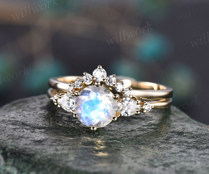 Moonstone ring set gold vintage round cut moonstone engagement ring five stone pear shaped moissanite stacking bridal wedding ring set gift