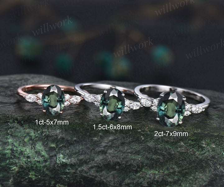 Teal sapphire engagement ring oval green sapphire engagement ring unique marquise white gold engagement ring diamond wedding ring women