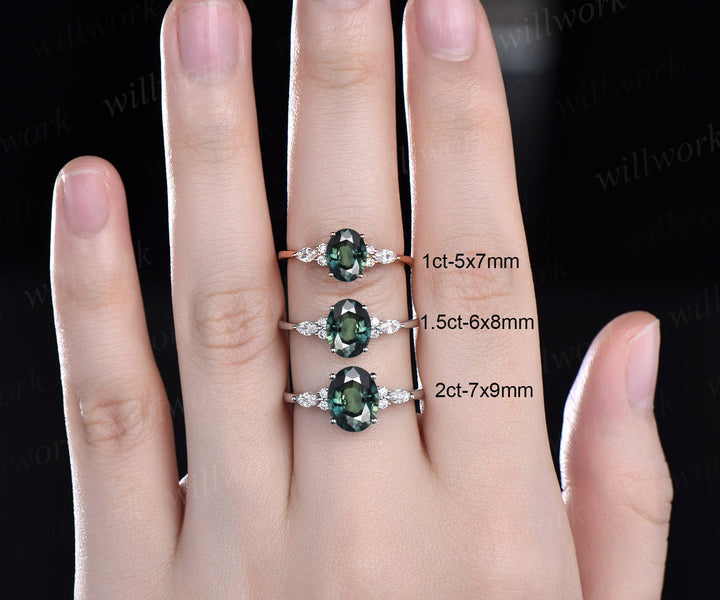 Teal sapphire engagement ring oval green sapphire engagement ring unique marquise white gold engagement ring diamond wedding ring women