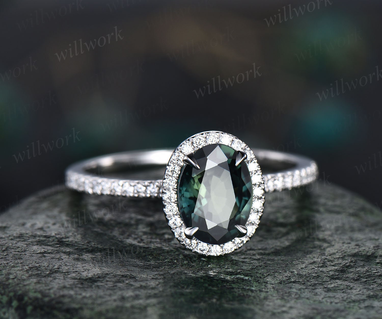 Unique green sapphire statement ring sterling authentic silver teal sapphire pear cut vintage engagement ring