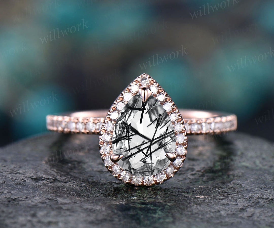 Pear shaped black rutilated quartz engagement ring rose gold diamond halo engagement ring half eternity bridal promise wedding ring women