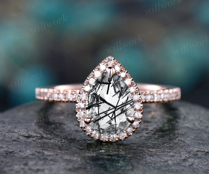Pear shaped black rutilated quartz engagement ring rose gold diamond halo engagement ring half eternity bridal promise wedding ring women