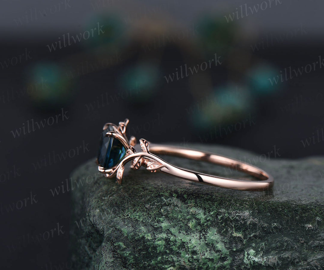 Twig cushion cut London blue topaz engagement ring rose gold leaf nature inspired engagement ring solitaire promise wedding ring women gift