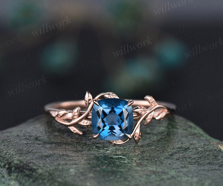 Vintage cushion cut London blue topaz engagement ring rose gold leaf nature inspired engagement ring solitaire promise wedding ring women