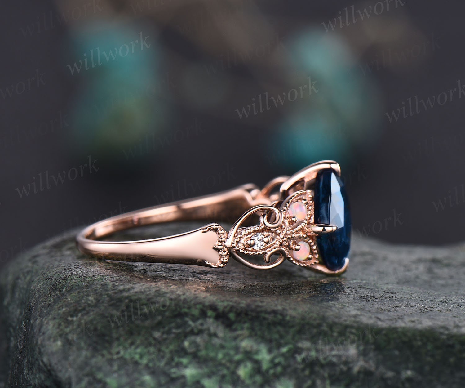 Rose Flower London Blue Topaz buy Ring, Art Deco London Blue Topaz Engagement Ring, Rose Proposal Ring, Vintage Flower Ring In 14k White Gold.