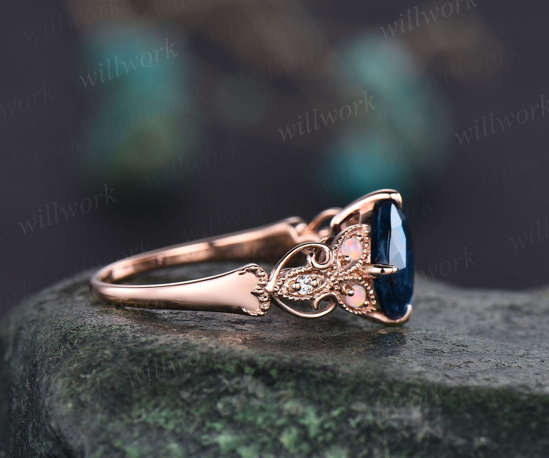 Cushion cut London blue topaz engagement ring 14k rose gold butterfly flower unique engagement ring opal diamond ring for women wedding ring