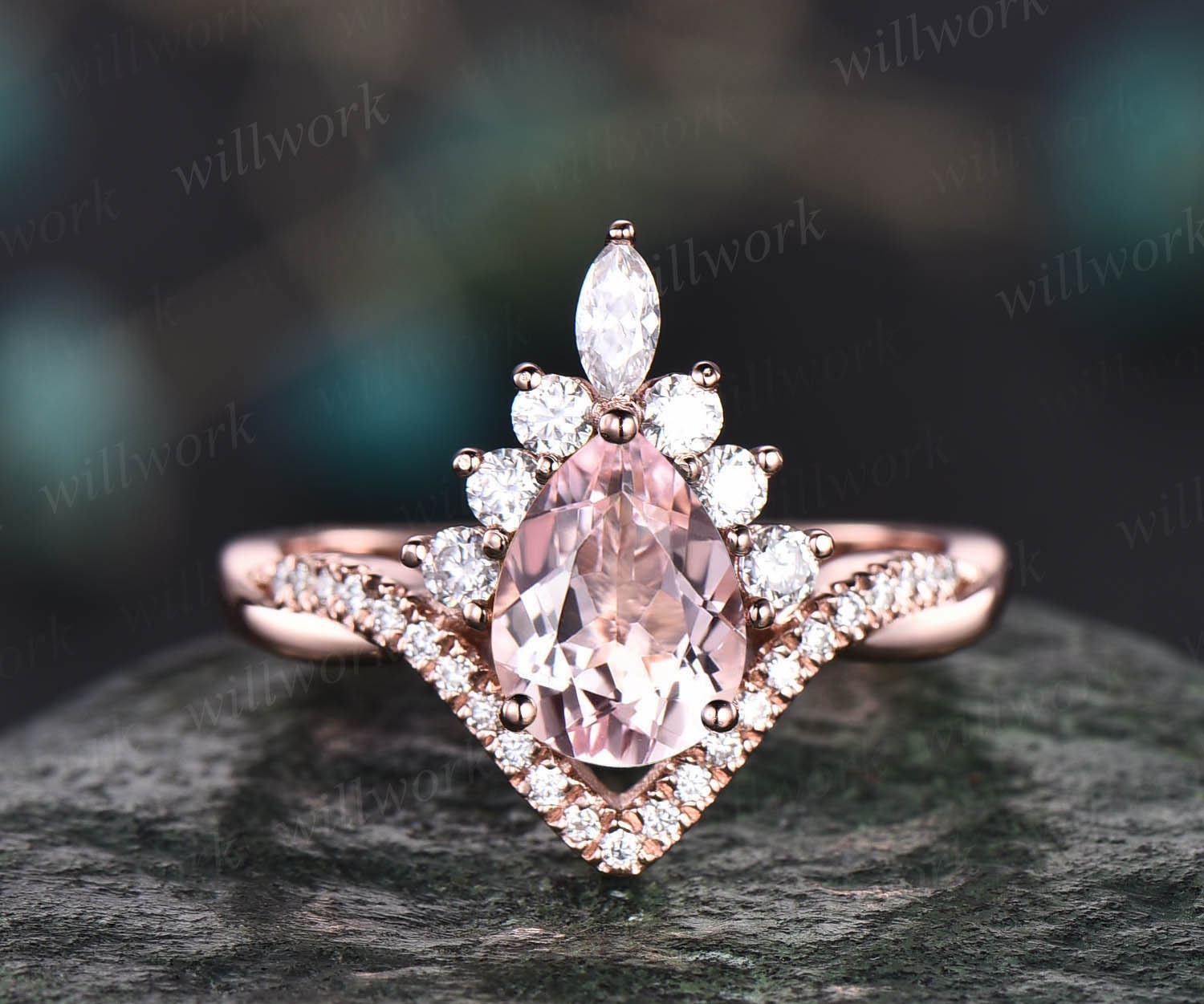 18k White Gold Cushion Cut Morganite Diamond Halo Engagement Ring Vint –  ASweetPear