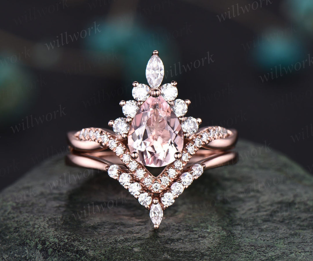Morganite ring set vintage rose gold pear shaped pink morganite engagement ring set halo unique engagement ring twisted wedding ring women