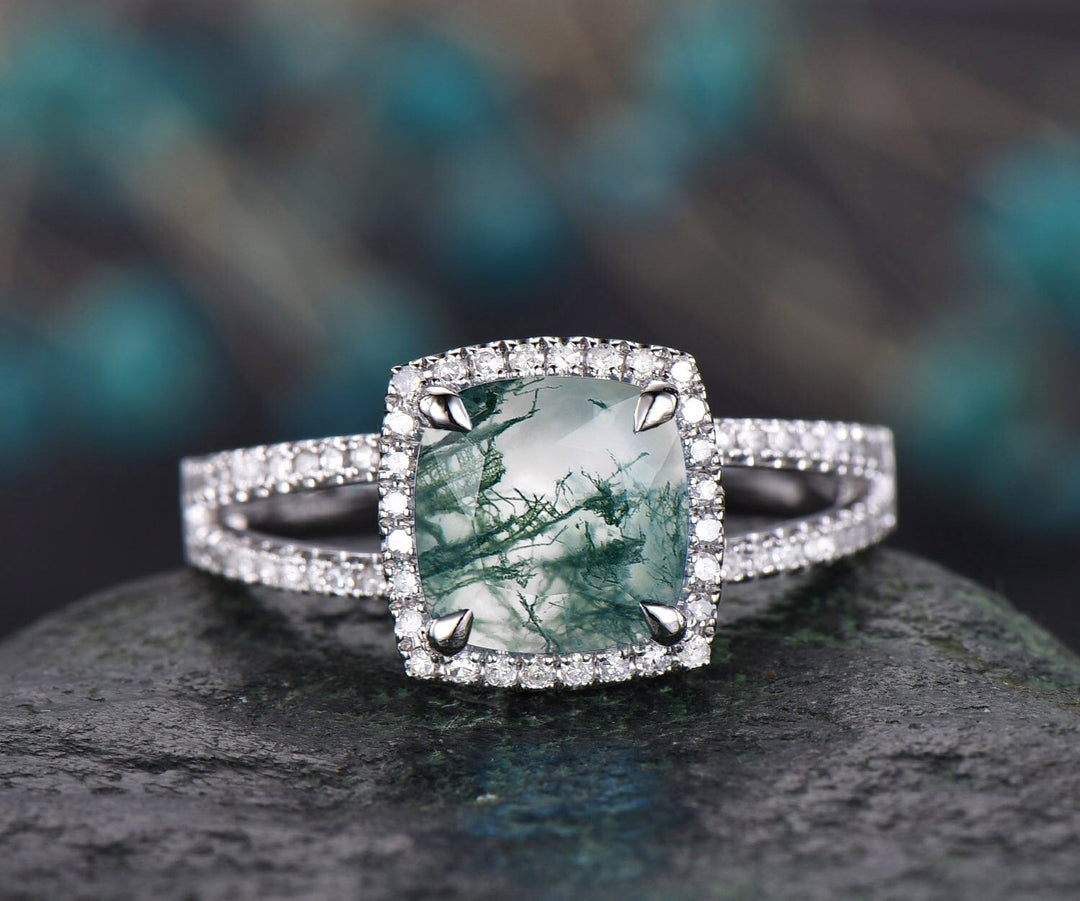 Moss agate ring vintage green moss agate engagement ring white gold unique cushion cut engagement ring halo split shank diamond ring women
