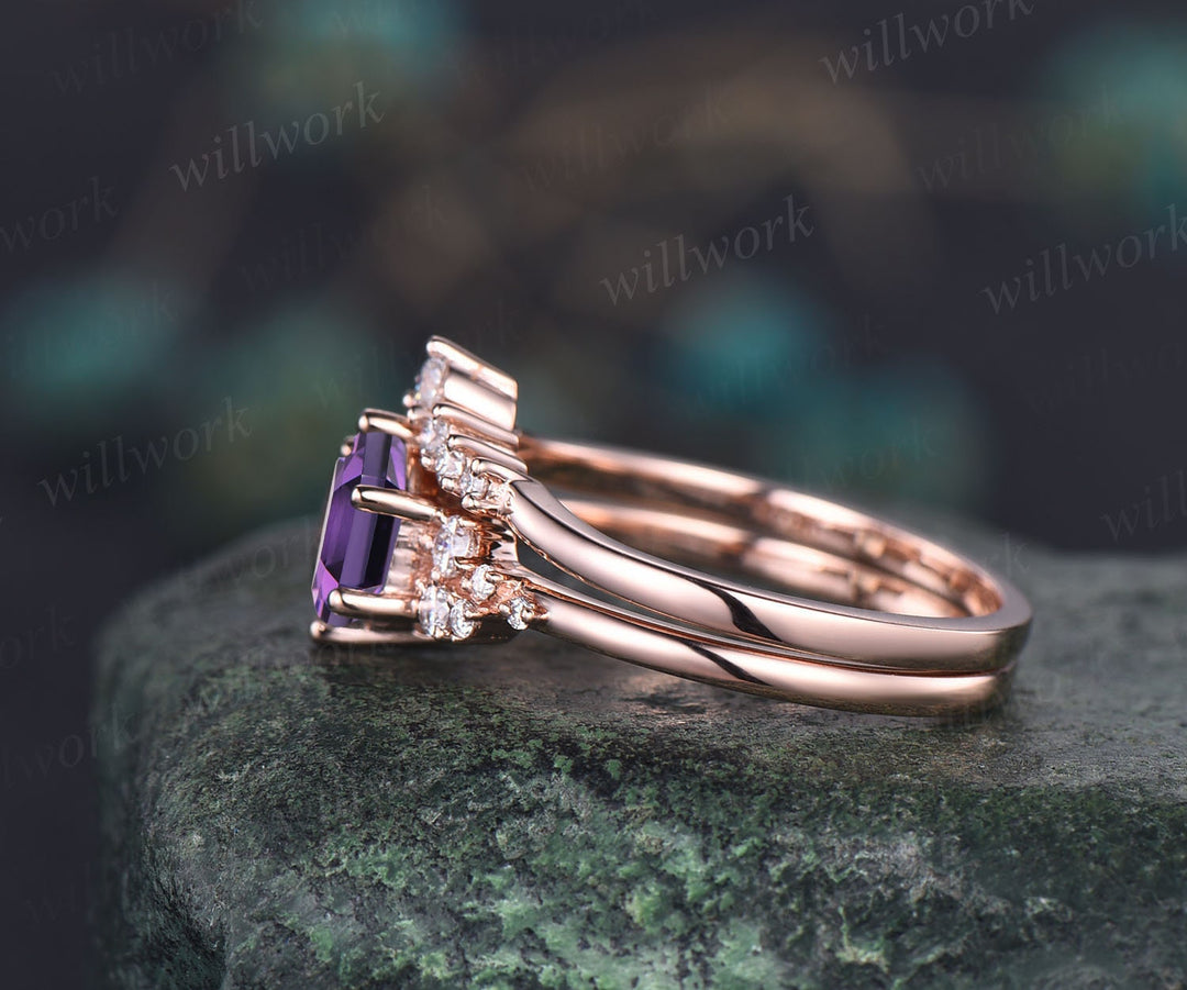 Amethyst ring vintage Hexagon cut purple Amethyst engagement ring set rose gold unique snowdrift engagement ring diamond wedding ring set