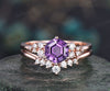 Amethyst ring vintage Hexagon cut purple Amethyst engagement ring set rose gold unique snowdrift engagement ring diamond wedding ring set