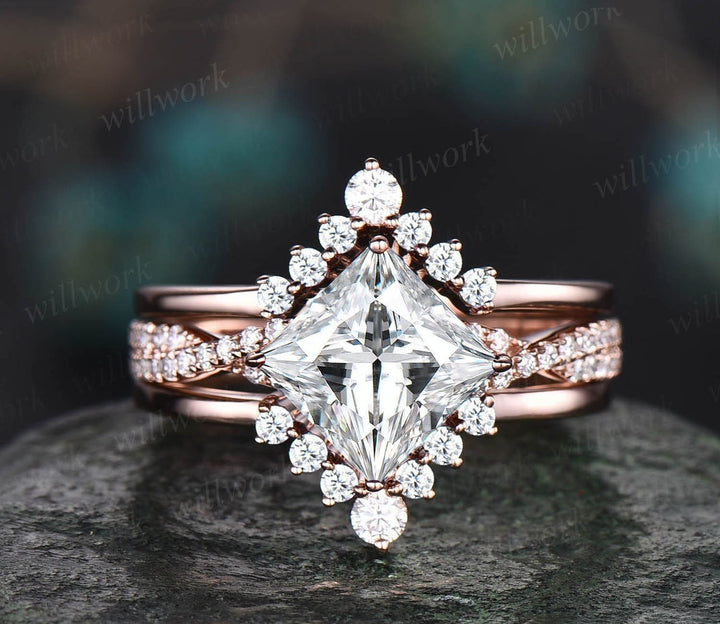 Moissanite ring vintage princess cut moissanite engagement ring set rose gold unique engagement ring twisted diamond wedding ring set women