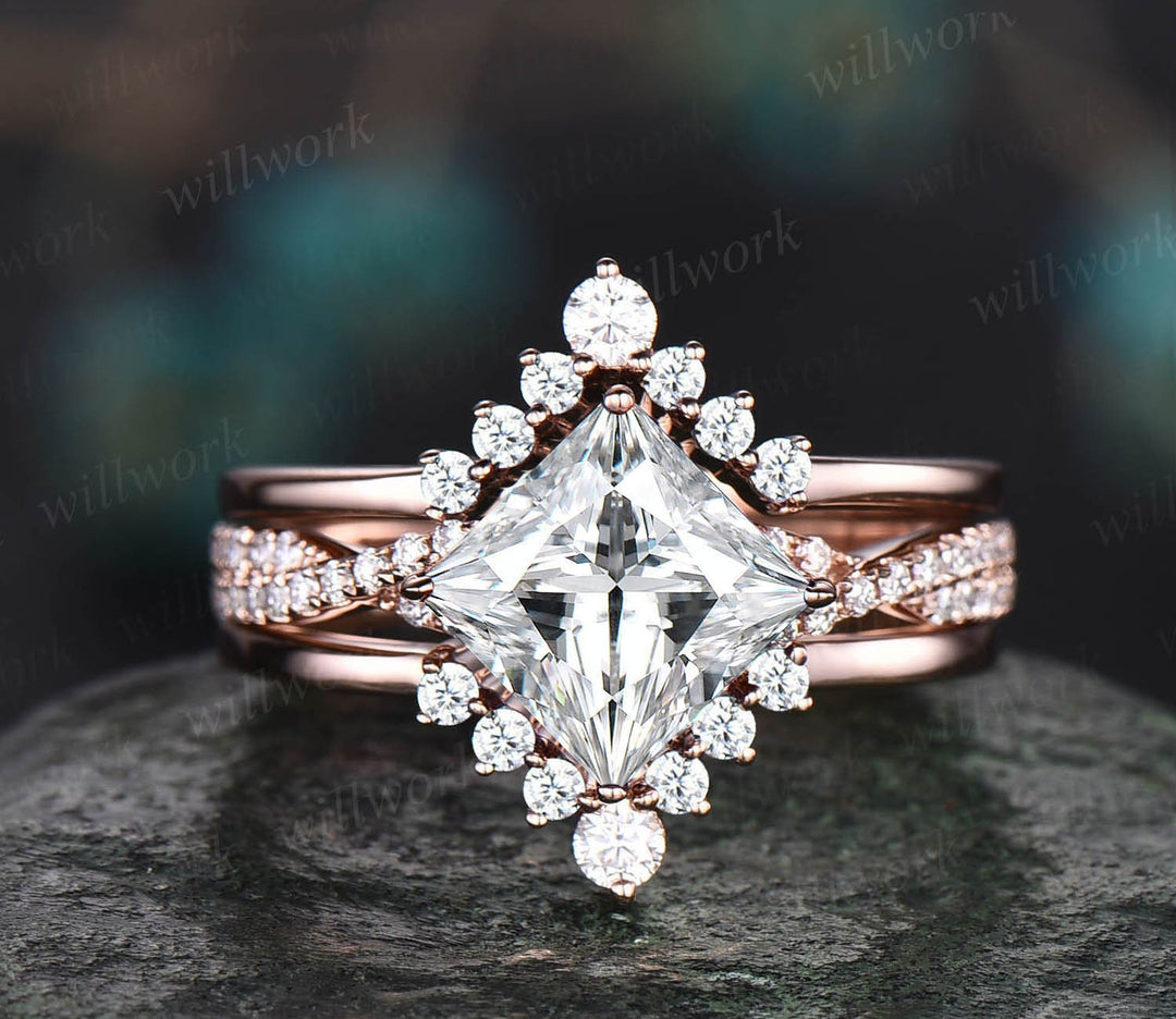 Large Moissanite Engagement Ring Rose Gold Vintage Floral Diamond Band