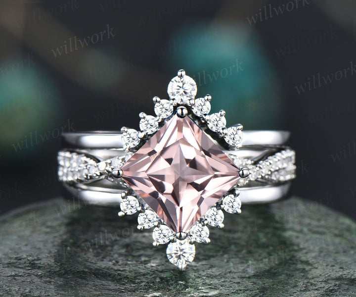 Morganite ring vintage princess cut morganite engagement ring set rose gold unique engagement ring twisted diamond bridal ring set women