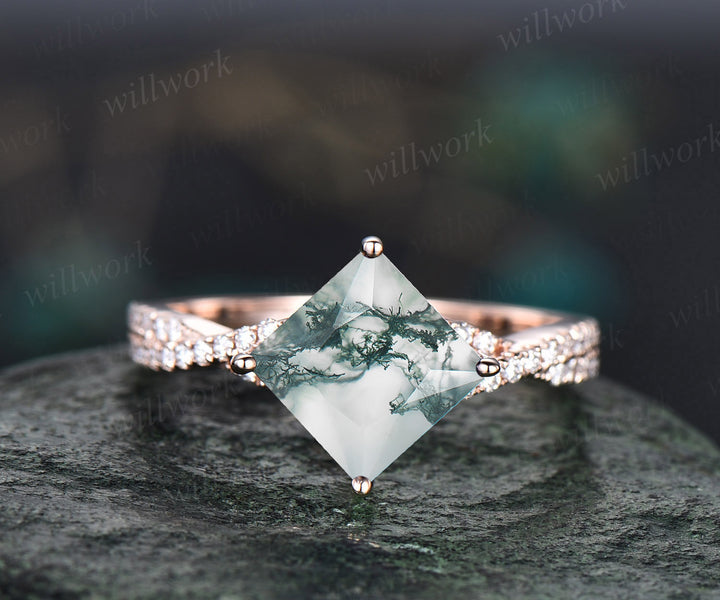 Moss agate ring vintage unique princess cut green moss agate engagement ring set rose gold twisted diamond promise wedding ring set women