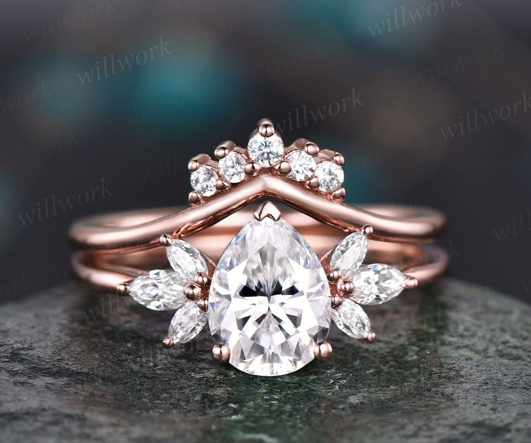 Moissanite ring set Pear shaped Moissanite engagement ring set art deco cluster unique rose gold engagement ring women bridal promise ring