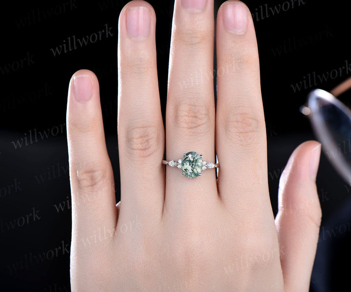 2ct Moss agate ring Oval cut green moss agate engagement ring white gold marquise engagement ring women diamond ring vintage promise ring