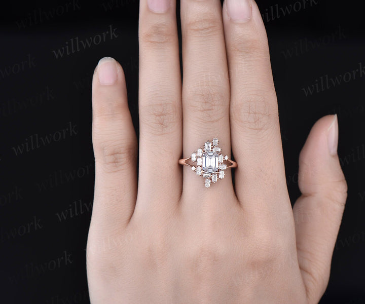 Moissanite ring gold vintage Emerald cut moissanite engagement ring unique cluster baguette cut engagement ring split shank wedding ring