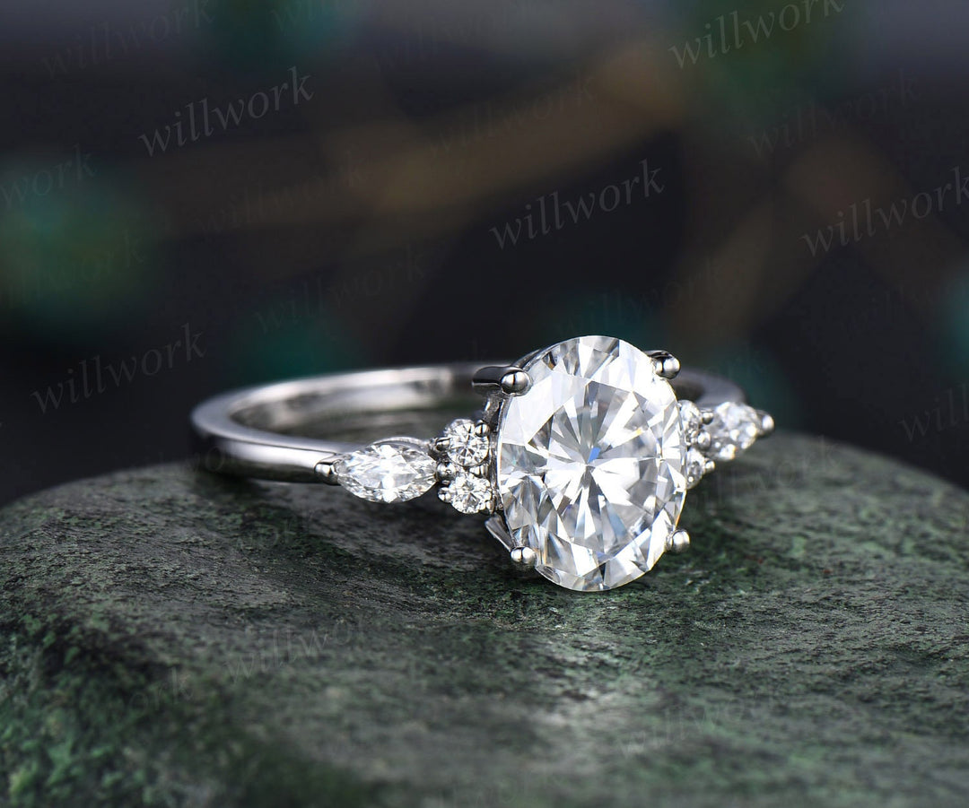 Moissanite ring 2ct oval moissanite engagement ring art deco unique white gold engagement ring marquise cut diamond ring wedding ring women