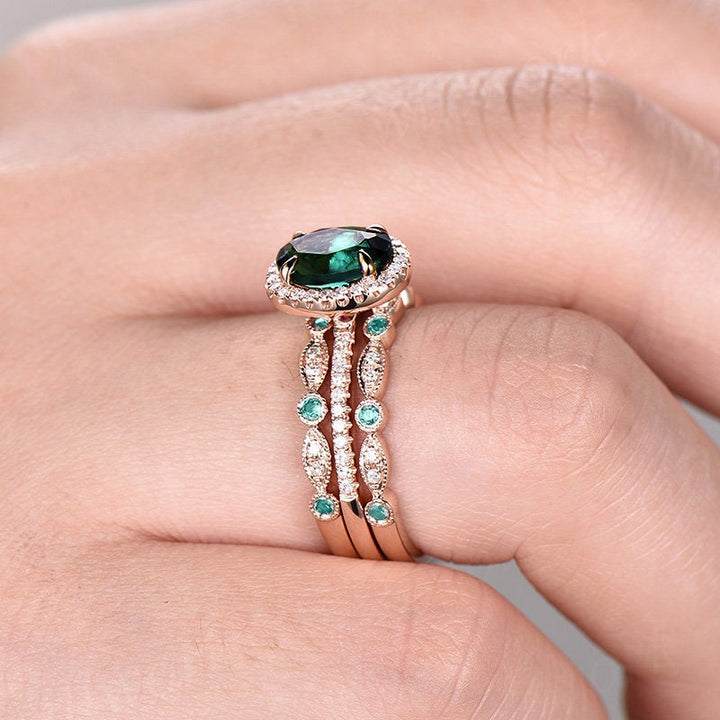 Vintage teal green sapphire engagement ring halo unique rose gold engagement ring diamond emerald ring for women bridal wedding ring set