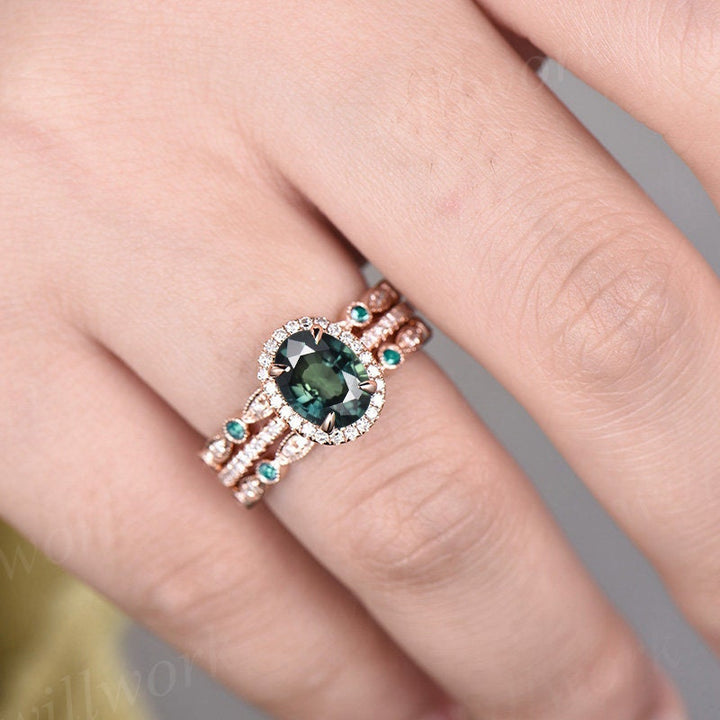 Vintage teal green sapphire engagement ring halo unique rose gold engagement ring diamond emerald ring for women bridal wedding ring set