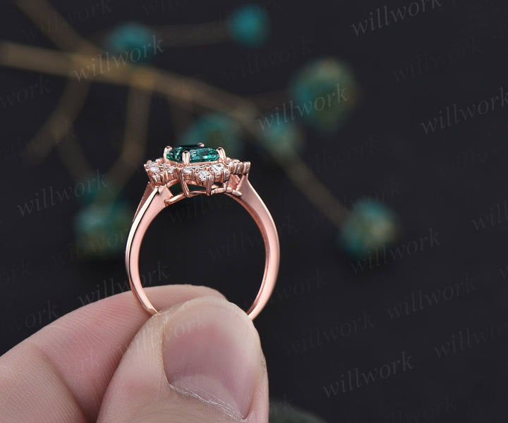Unique Emerald cut green emerald engagement ring rose gold baguette cut split shank engagement ring women cluster moissanite promise ring