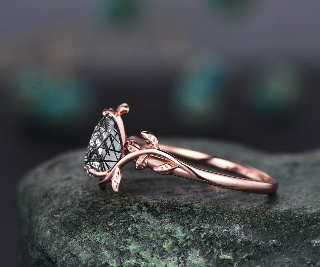 Pear shaped black rutilated quartz ring nature inspired engagement ring leaf 14k rose gold silver solitaire ring unique wedding ring women