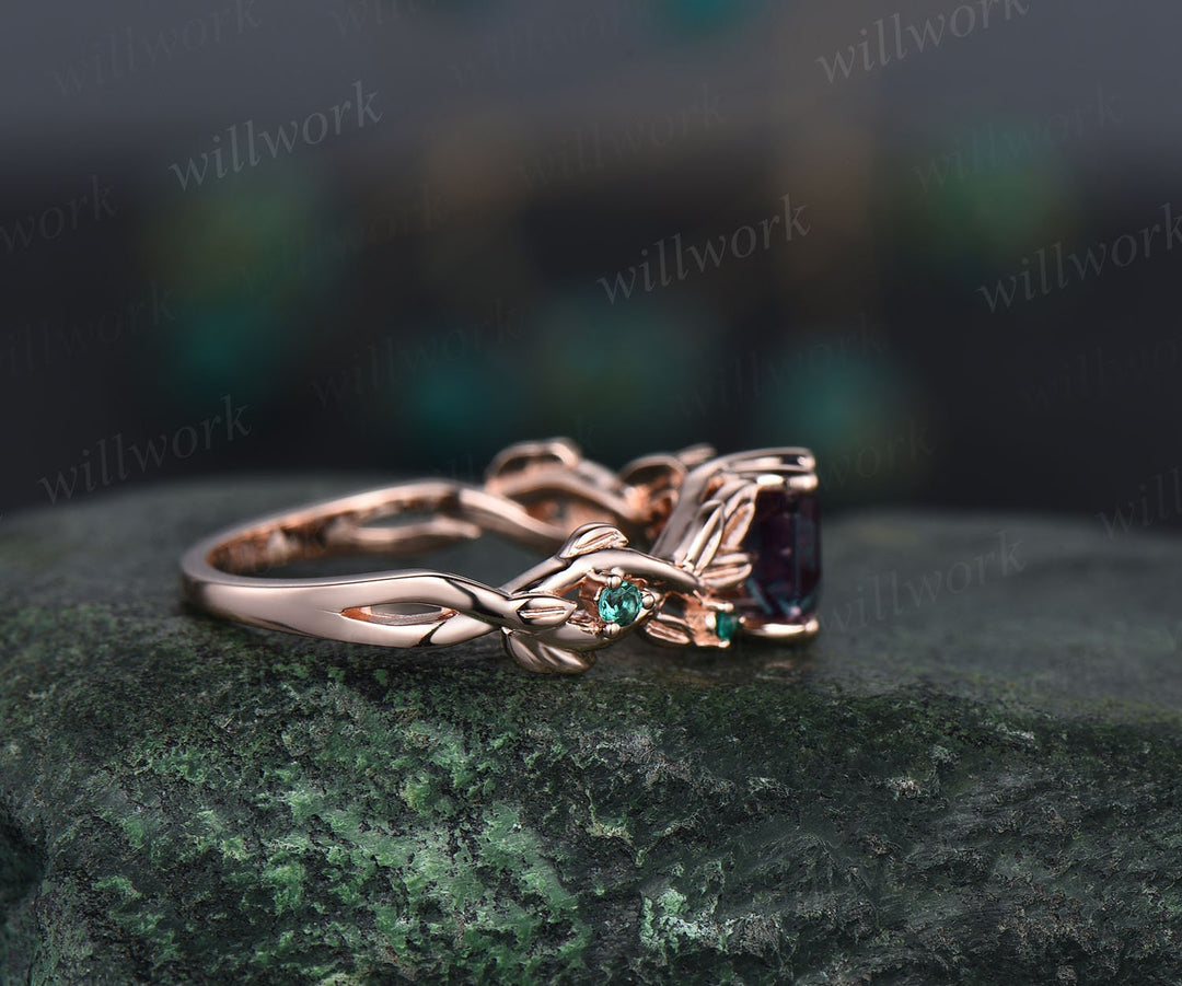 2ct Alexandrite ring vintage hexagon cut Alexandrite engagement ring rose gold leaf emerald ring silver June birthstone ring promise ring