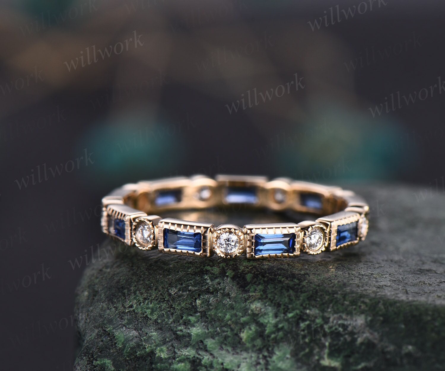 White Gold Baguette Cut Sapphire and Moissanite Wedding Band -  MollyJewelryUS