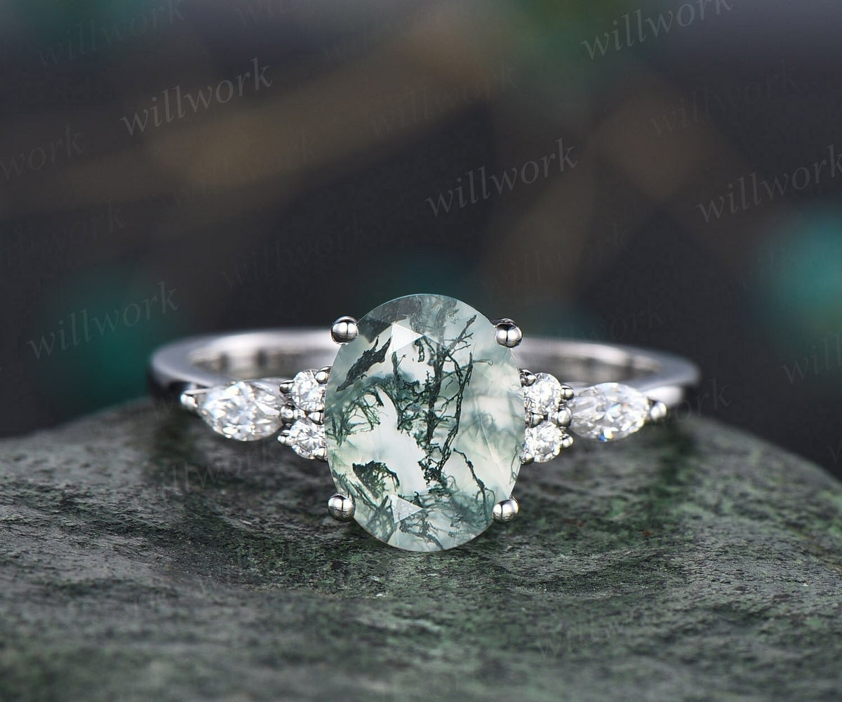 2ct oval cut green moss agate engagement ring white gold marquise diamond vintage promise ring