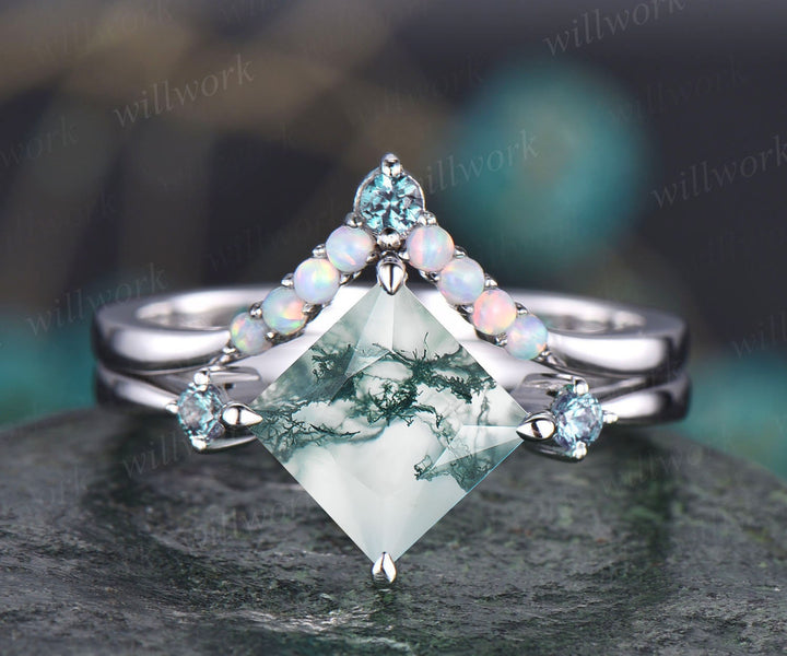 Princess cut green moss agate engagement ring set white gold opal ring vintage alexandrite ring women anniversary promise wedding ring gifts