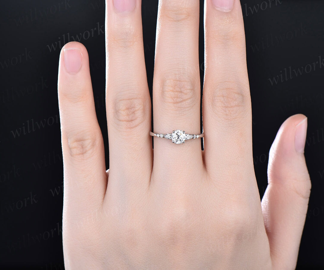 White Gold Art Deco Womens Promise Ring, Small Dainty Promise Ring