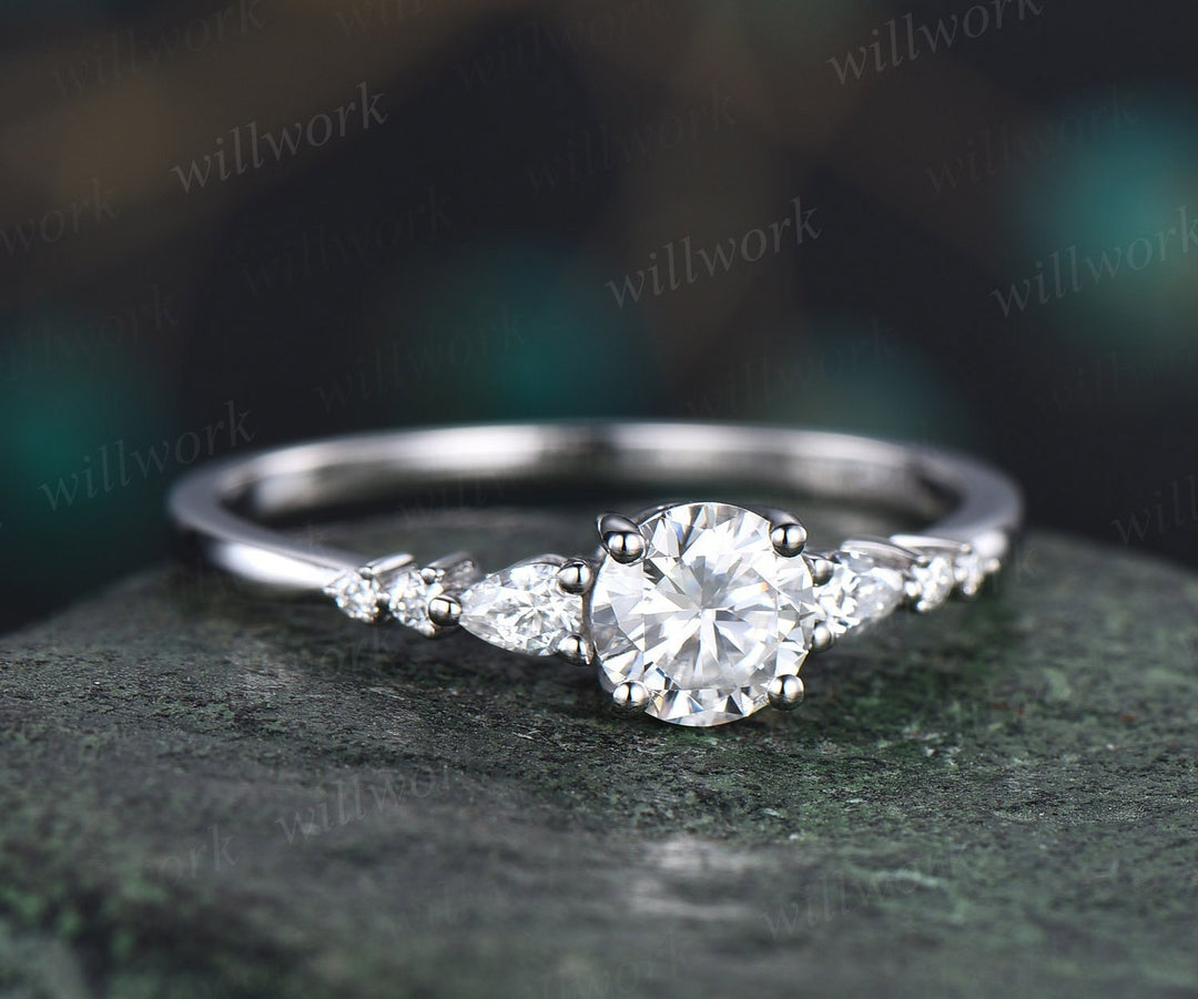 Round Moissanite Ring Vintage Moissanite Engagement Ring 14K White Gold Dainty Minimalist Pear Diamond Ring Promise Wedding Ring Women Gifts 0.5ct-5mm